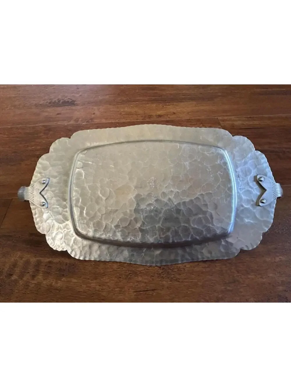 Vintage Hammered Metal Serving Tray with Ornate Handles